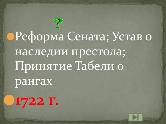 Реформа Сената; Устав о наследии престола; Принятие Табели о рангах 1722 г.