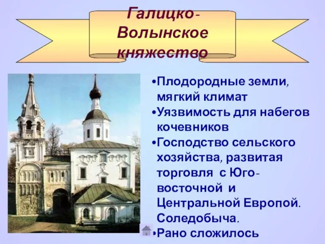 Галицко-Волынское княжество Плодородные земли, мягкий климат Уязвимость для набегов кочевников Господство сельского