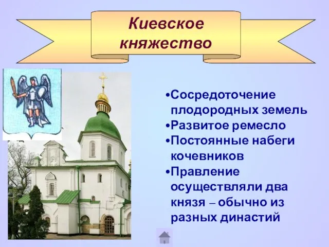 Киевское княжество Сосредоточение плодородных земель Развитое ремесло Постоянные набеги кочевников Правление осуществляли