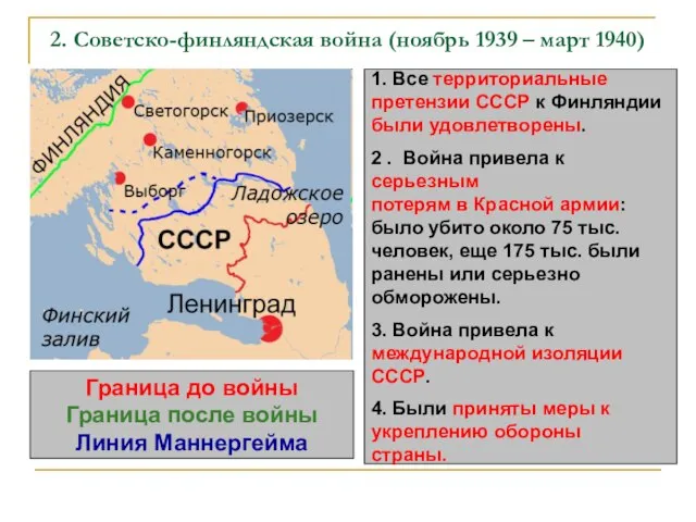 2. Советско-финляндская война (ноябрь 1939 – март 1940) Граница до войны Граница