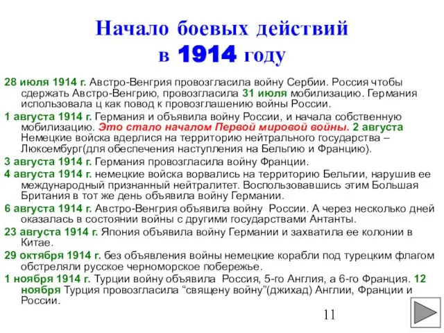 Начало боевых действий в 1914 году 28 июля 1914 г. Австро-Венгрия провозгласила