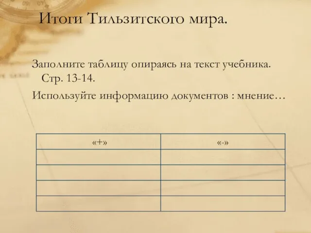 Итоги Тильзитского мира. Заполните таблицу опираясь на текст учебника. Стр. 13-14. Используйте информацию документов : мнение…