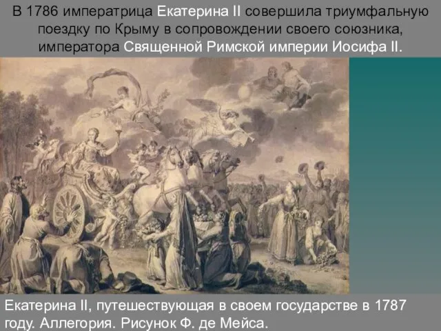 Екатерина II, путешествующая в своем государстве в 1787 году. Аллегория. Рисунок Ф.