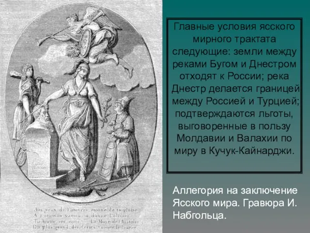 Аллегория на заключение Ясского мира. Гравюра И. Набгольца. Главные условия ясского мирного