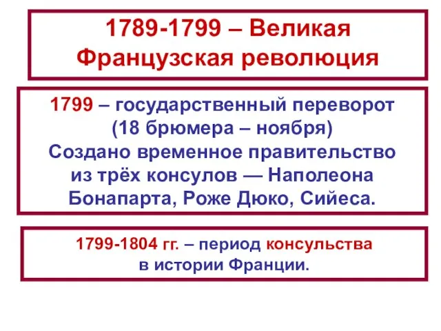 1789-1799 – Великая Французская революция 1799 – государственный переворот (18 брюмера –