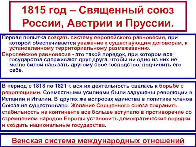 1815 год – Священный союз России, Австрии и Пруссии. Первая попытка создать