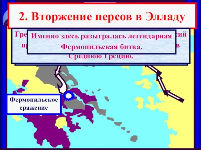 2. Вторжение персов в Элладу Армия персов вторглась в Северную Грецию. За