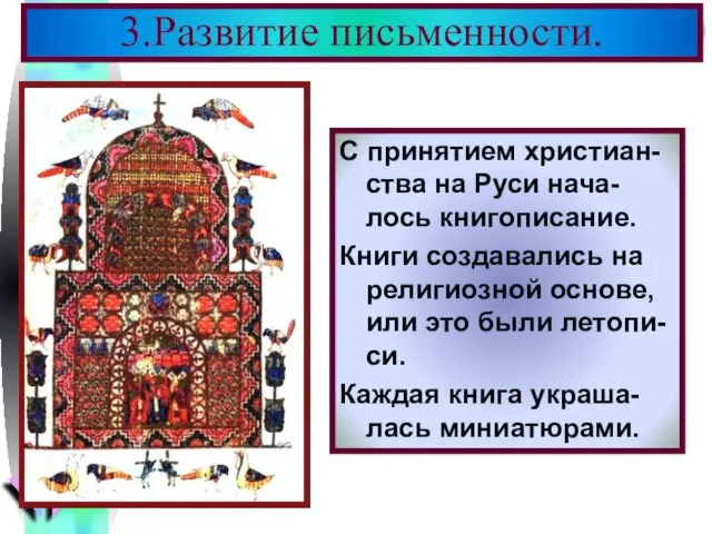 3.Развитие письменности. С принятием христиан-ства на Руси нача-лось книгописание. Книги создавались на