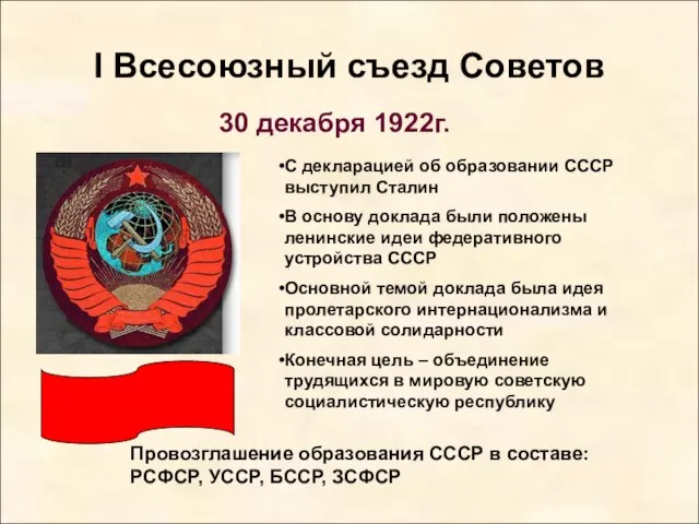 I Всесоюзный съезд Советов 30 декабря 1922г. Провозглашение образования СССР в составе: