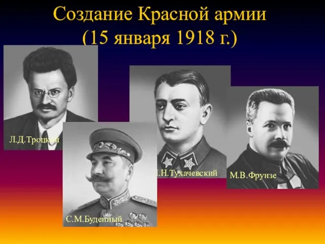 Создание Красной армии (15 января 1918 г.) Л.Д.Троцкий М.Н.Тухачевский М.В.Фрунзе С.М.Буденный