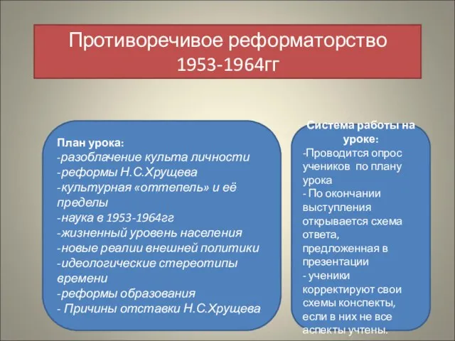 Противоречивое реформаторство 1953-1964гг План урока: -разоблачение культа личности -реформы Н.С.Хрущева -культурная «оттепель»