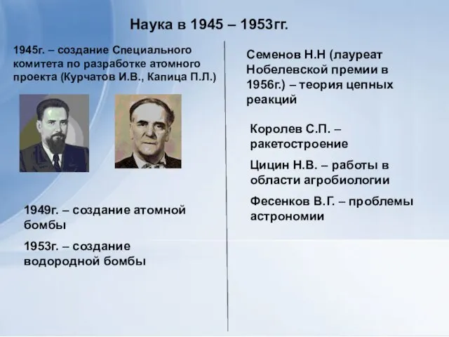 Наука в 1945 – 1953гг. 1945г. – создание Специального комитета по разработке