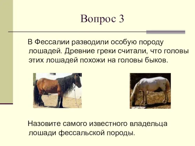 Вопрос 3 В Фессалии разводили особую породу лошадей. Древние греки считали, что