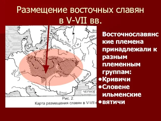 Размещение восточных славян в V-VII вв. Восточнославянские племена принадлежали к разным племенным