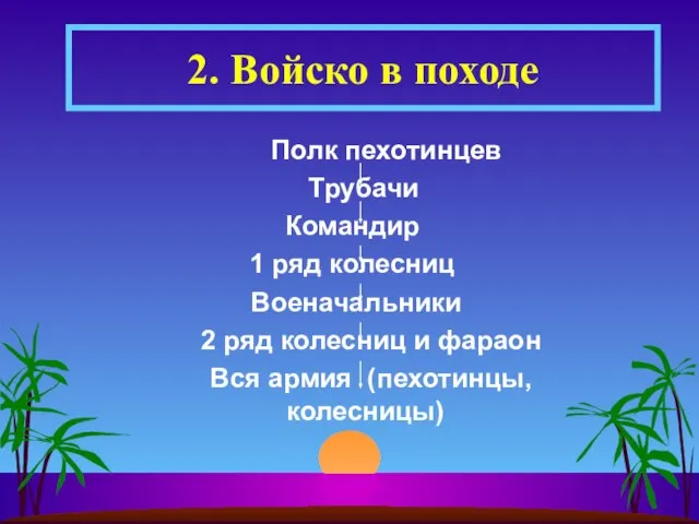 Полк пехотинцев Трубачи Командир 1 ряд колесниц Военачальники 2 ряд колесниц и