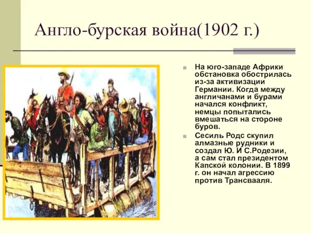 Англо-бурская война(1902 г.) На юго-западе Африки обстановка обострилась из-за активизации Германии. Когда