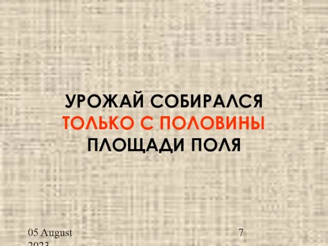 05 August 2023 УРОЖАЙ СОБИРАЛСЯ ТОЛЬКО С ПОЛОВИНЫ ПЛОЩАДИ ПОЛЯ