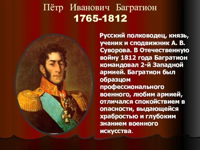 Пётр Иванович Багратион 1765-1812 Русский полководец, князь, ученик и сподвижник А. В.