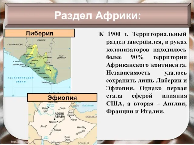 Раздел Африки: К 1900 г. Территориальный раздел завершился, в руках колонизаторов находилось