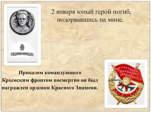 Приказом командующего Крымским фронтом посмертно он был награжден орденом Красного Знамени. 2