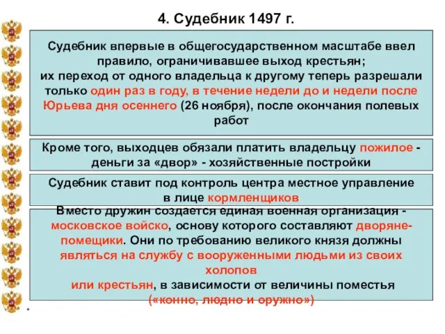 * 4. Судебник 1497 г. Судебник впервые в общегосударственном масштабе ввел правило,