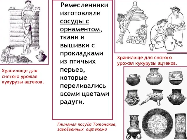 Ремесленники изготовляли сосуды с орнаментом, ткани и вышивки с прокладками из птичьих