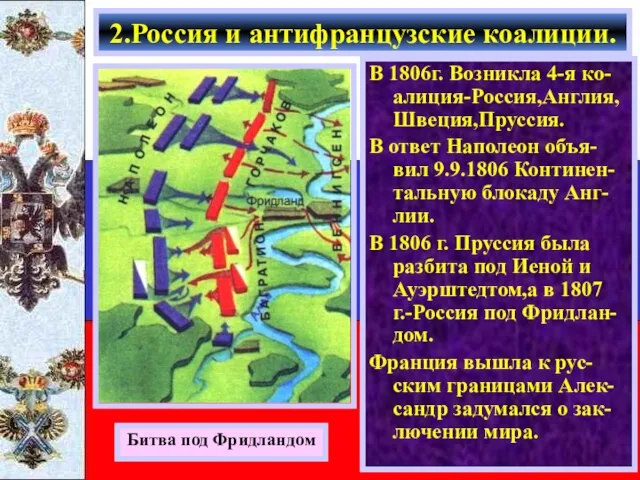 В 1806г. Возникла 4-я ко-алиция-Россия,Англия, Швеция,Пруссия. В ответ Наполеон объя-вил 9.9.1806 Континен-тальную