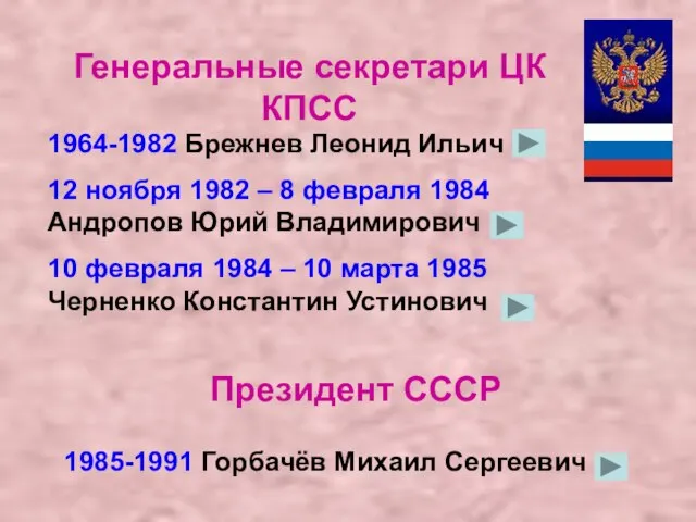 Генеральные секретари ЦК КПСС 1964-1982 Брежнев Леонид Ильич 12 ноября 1982 –