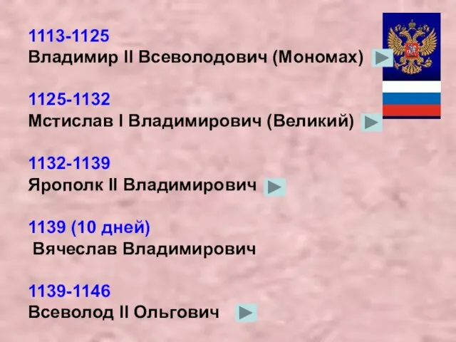 1113-1125 Владимир II Всеволодович (Мономах) 1125-1132 Мстислав I Владимирович (Великий) 1132-1139 Ярополк