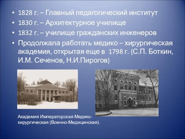 1828 г. – Главный педагогический институт 1830 г. – Архитектурное училище 1832