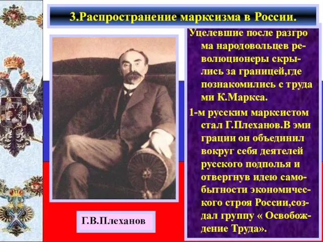 Уцелевшие после разгро ма народовольцев ре-волюционеры скры-лись за границей,где познакомились с труда