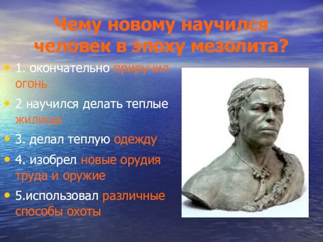 Чему новому научился человек в эпоху мезолита? 1. окончательно приручил огонь 2