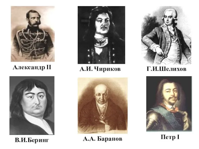 Александр II А.И. Чириков В.И.Беринг Г.И.Шелихов А.А. Баранов Петр I