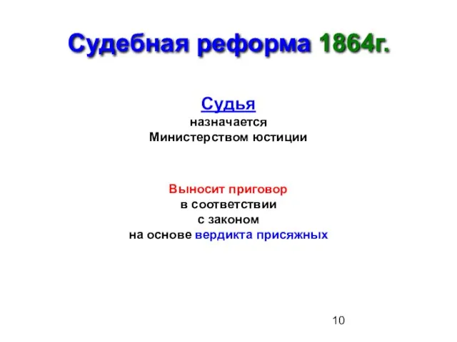 Судебная реформа 1864г. Судья назначается Министерством юстиции Выносит приговор в соответствии с