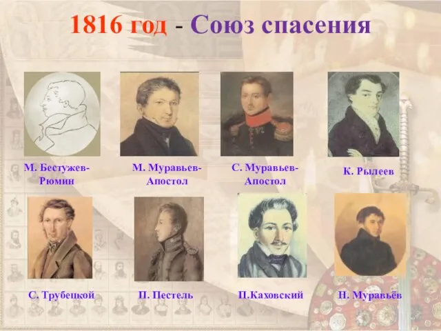 1816 год - Союз спасения М. Бестужев-Рюмин М. Муравьев-Апостол С. Муравьев-Апостол С.