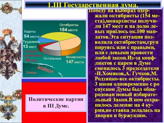 Победу на выборах одер-жали октябристы (154 ме-ста),монархисты получи-ли 147 мест и на