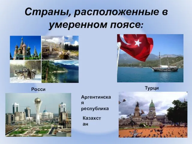 Страны, расположенные в умеренном поясе: Россия Турция Казахстан Аргентинская республика