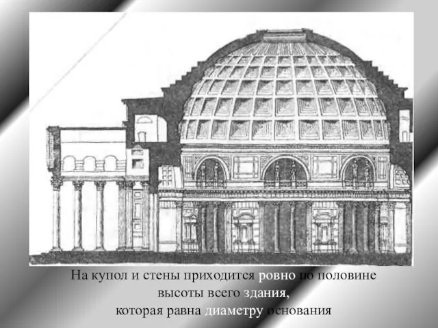 На купол и стены приходится ровно по половине высоты всего здания, которая равна диаметру основания