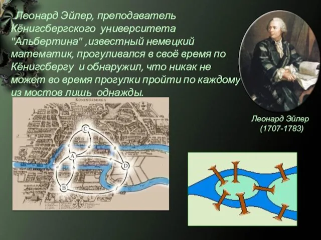 Леонард Эйлер, преподаватель Кёнигсбергского университета "Альбертина" ,известный немецкий математик, прогуливался в своё