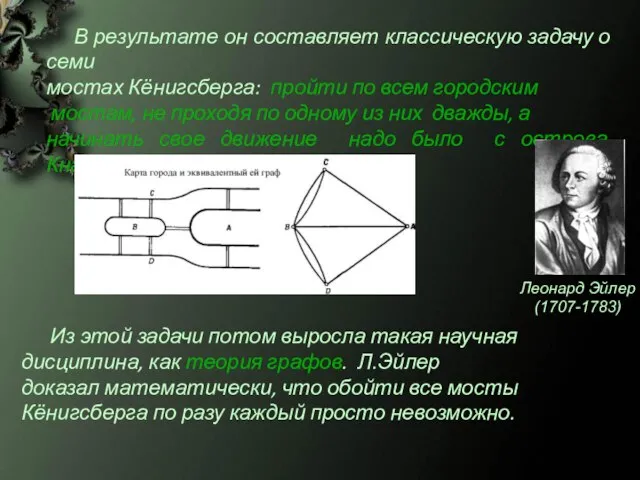 Из этой задачи потом выросла такая научная дисциплина, как теория графов. Л.Эйлер