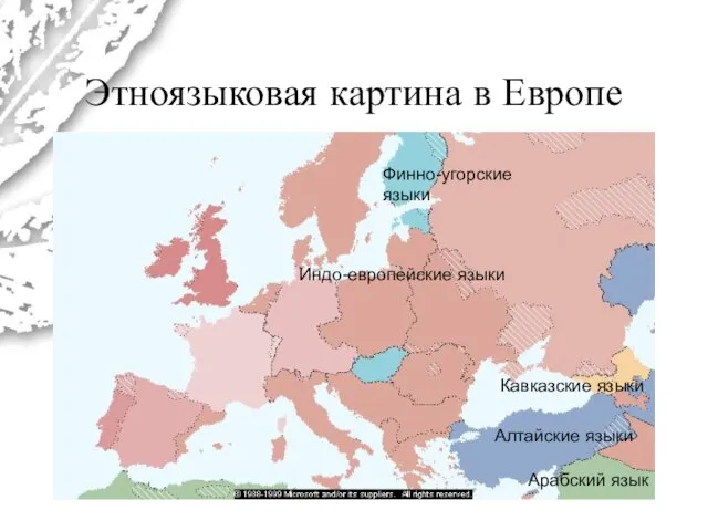 Этноязыковая картина в Европе Индо-европейские языки Алтайские языки Финно-угорские языки Арабский язык Кавказские языки