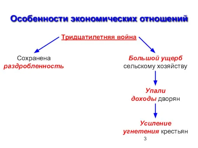 Особенности экономических отношений Тридцатилетняя война Сохранена раздробленность Большой ущерб сельскому хозяйству Упали