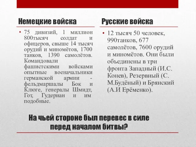 На чьей стороне был перевес в силе перед началом битвы? Немецкие войска