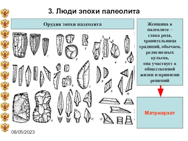 08/05/2023 3. Люди эпохи палеолита Орудия эпохи палеолита Женщина в палеолите –