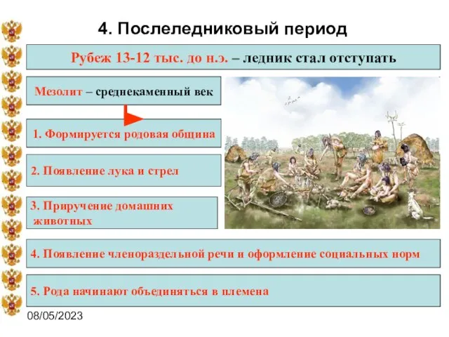 08/05/2023 4. Послеледниковый период Рубеж 13-12 тыс. до н.э. – ледник стал