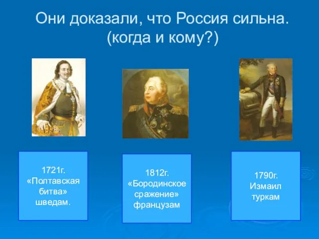 Они доказали, что Россия сильна. (когда и кому?) 1721г. «Полтавская битва» шведам.