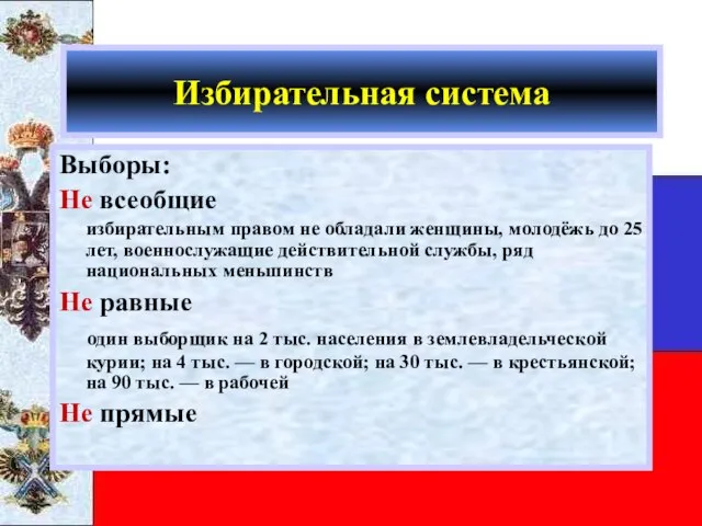 Избирательная система Выборы: Не всеобщие избирательным правом не обладали женщины, молодёжь до