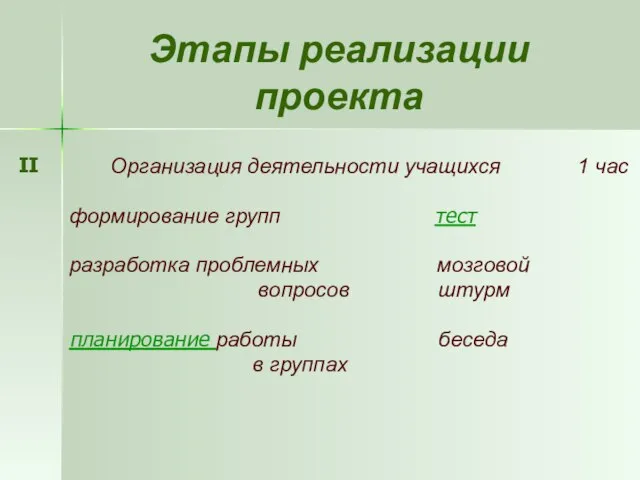 Этапы реализации проекта Организация деятельности учащихся 1 час формирование групп тест разработка