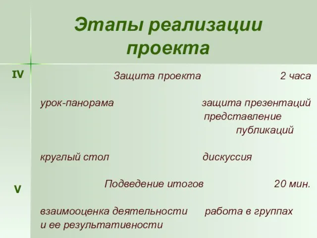 Этапы реализации проекта Защита проекта 2 часа урок-панорама защита презентаций представление публикаций