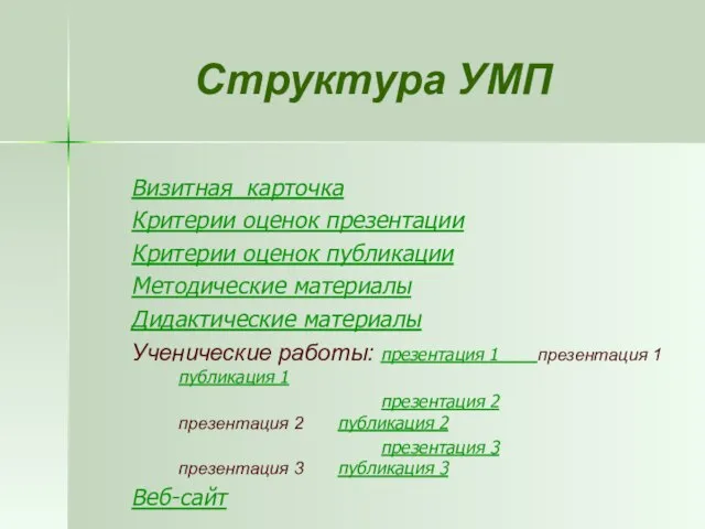 Структура УМП Визитная карточка Критерии оценок презентации Критерии оценок публикации Методические материалы